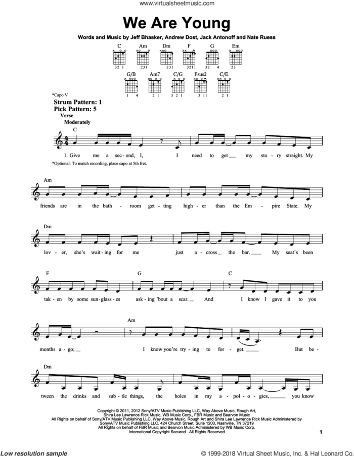 We Are Young sheet music for guitar solo (chords) by fun. featuring Janelle Monae, Fun, Andrew Dost, Jack Antonoff, Jeff Bhasker and Nate Ruess, easy guitar (chords)