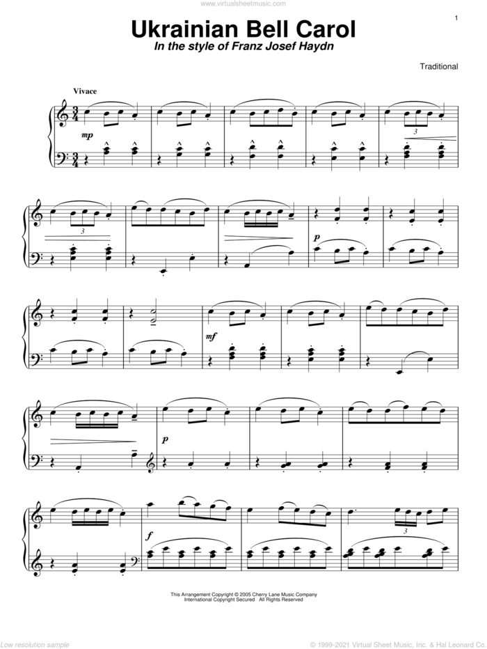 Ukrainian Bell Carol (in the style of Haydn) sheet music for piano solo by Carol Klose and Ukrainian Christmas Carol, intermediate skill level