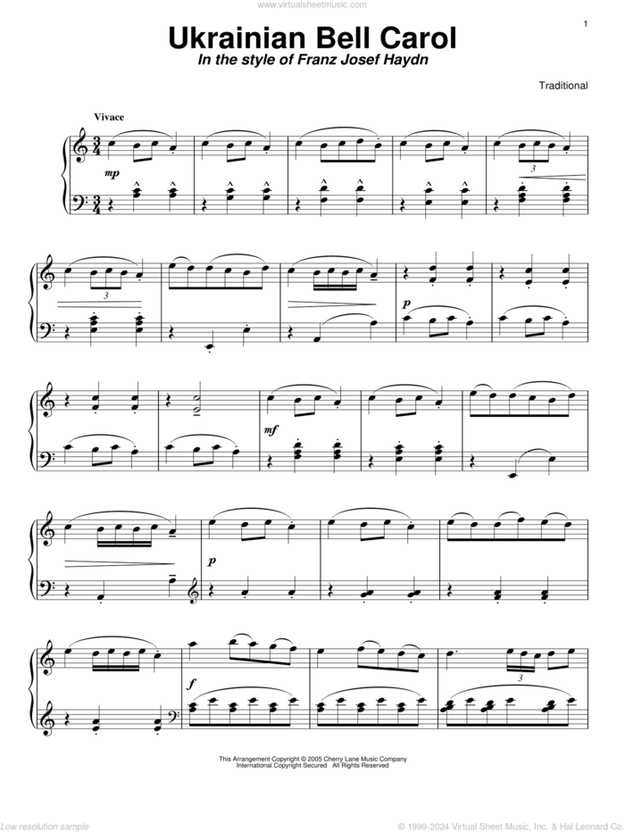 Ukrainian Bell Carol (in the style of Haydn) sheet music for piano solo by Carol Klose and Ukrainian Christmas Carol, intermediate skill level