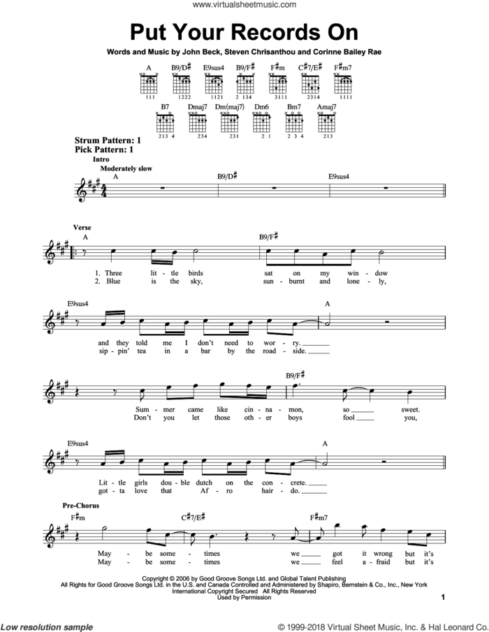 Put Your Records On sheet music for guitar solo (chords) by Corinne Bailey Rae, John Beck and Steven Crisanthou, easy guitar (chords)