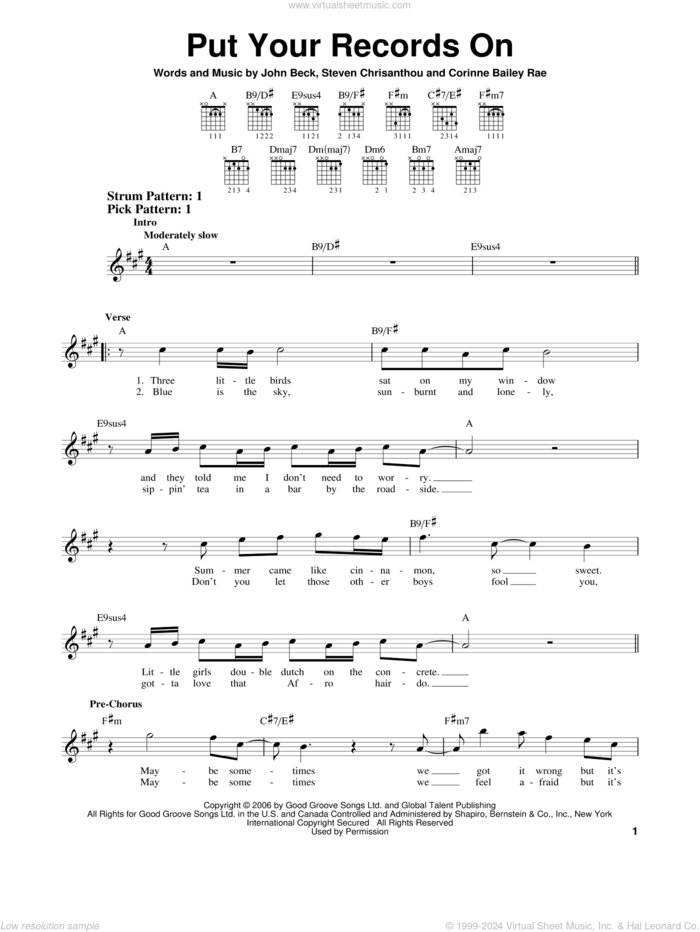 Put Your Records On sheet music for guitar solo (chords) by Corinne Bailey Rae, John Beck and Steven Crisanthou, easy guitar (chords)