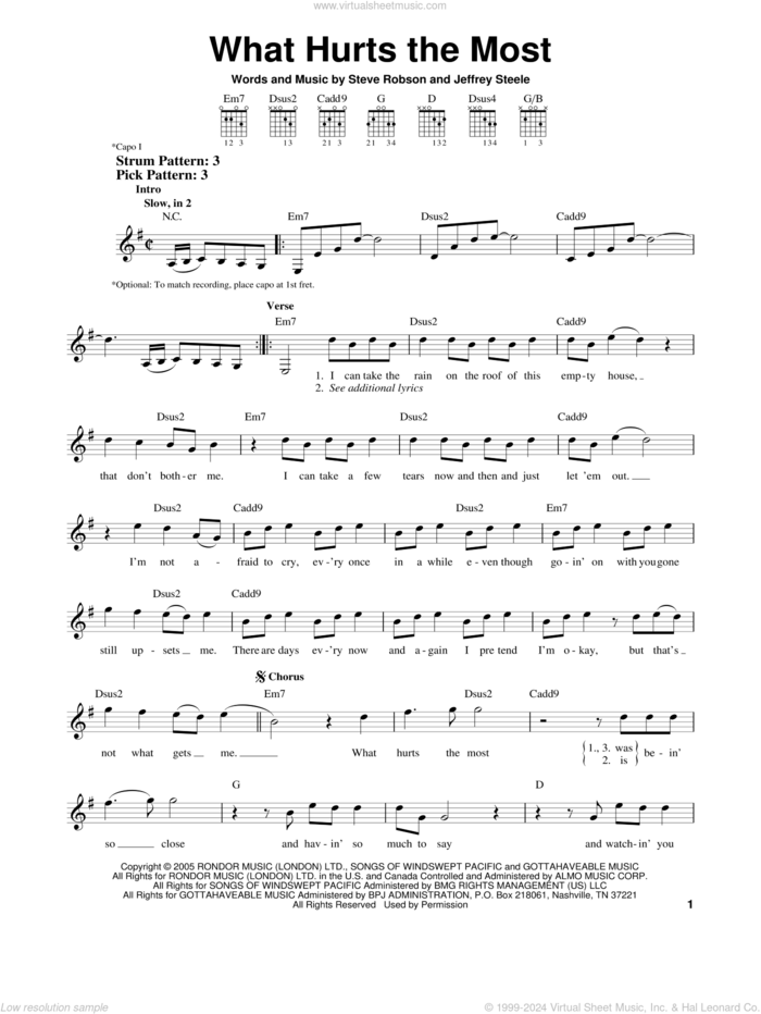 What Hurts The Most sheet music for guitar solo (chords) by Rascal Flatts, Cascada, Jeffrey Steele and Steve Robson, easy guitar (chords)