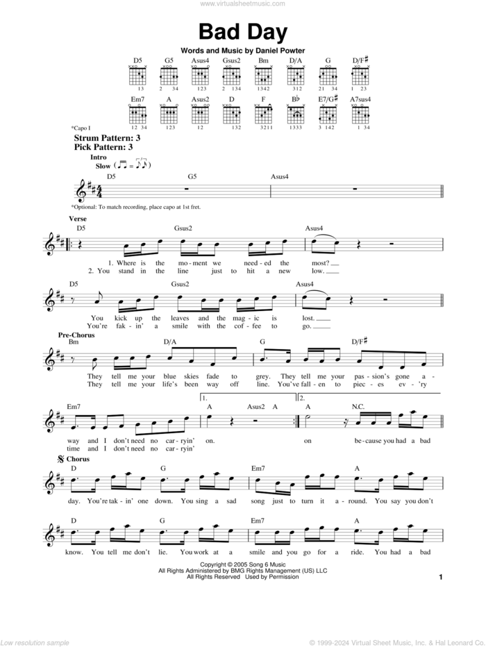 Bad Day sheet music for guitar solo (chords) by Daniel Powter, easy guitar (chords)