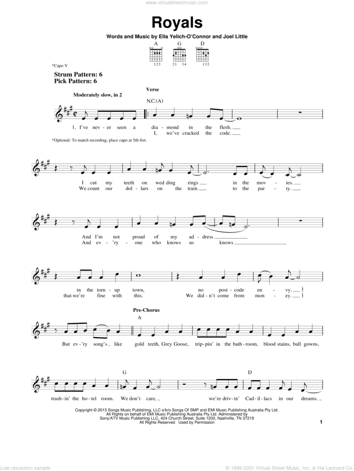 Royals sheet music for guitar solo (chords) by Lorde and Joel Little, easy guitar (chords)
