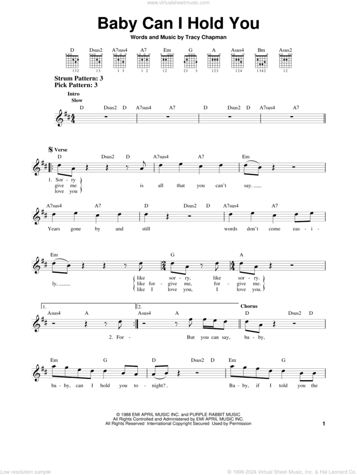 Baby Can I Hold You sheet music for guitar solo (chords) by Tracy Chapman, easy guitar (chords)