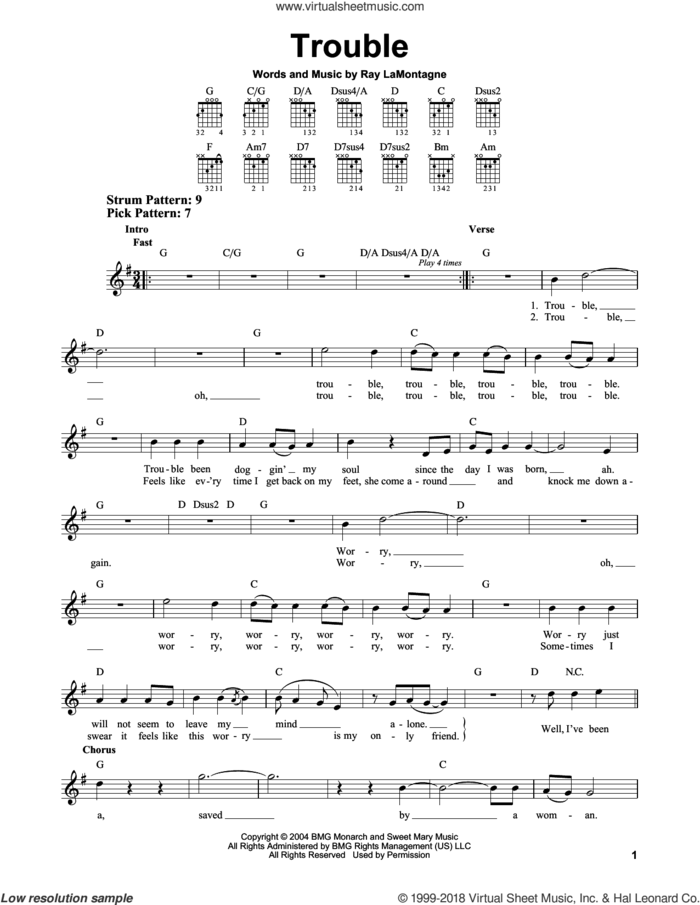 Trouble sheet music for guitar solo (chords) by Ray LaMontagne, easy guitar (chords)