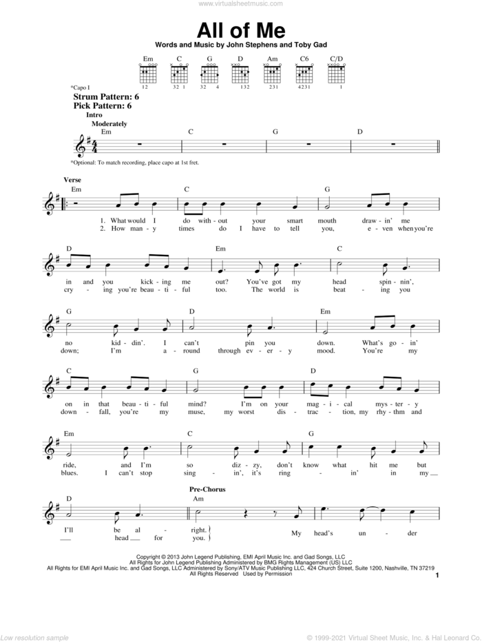 All Of Me sheet music for guitar solo (chords) by John Legend, John Stephens and Toby Gad, wedding score, easy guitar (chords)
