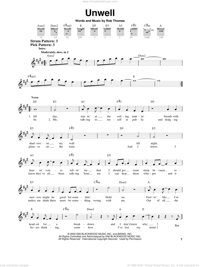 Unwell sheet music for guitar solo (chords) by Matchbox Twenty and Rob Thomas, easy guitar (chords)