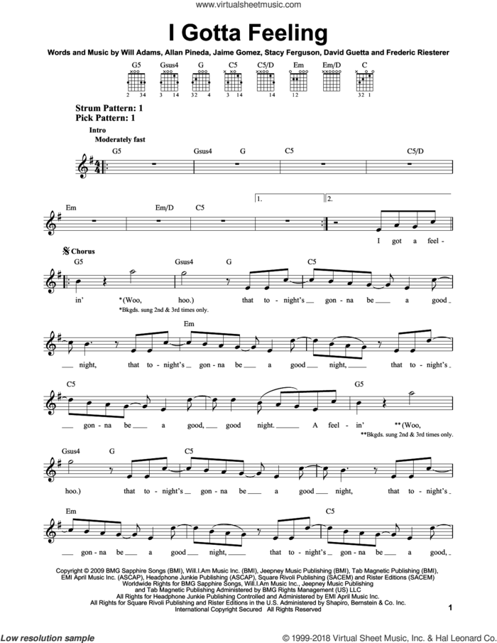 I Gotta Feeling sheet music for guitar solo (chords) by Will Adams, Black Eyed Peas, Allan Pineda, David Guetta, Frederic Riesterer, Jaime Gomez and Stacy Ferguson, easy guitar (chords)