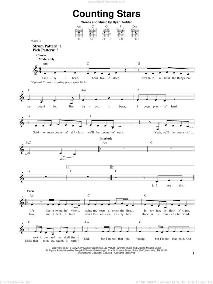 Counting Stars sheet music for guitar solo (chords) by OneRepublic and Ryan Tedder, easy guitar (chords)