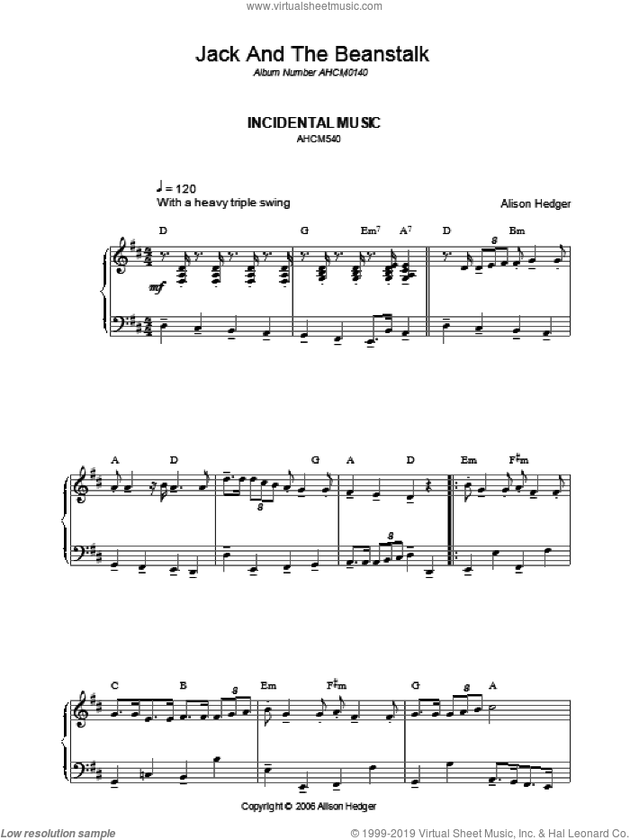 Incidental Music (from Jack And The Beanstalk) sheet music for voice, piano or guitar by Alison Hedger, intermediate skill level