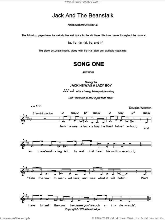 Song 1 (from Jack And The Beanstalk) sheet music for voice and other instruments (fake book) by Alison Hedger and Douglas Wootton, intermediate skill level