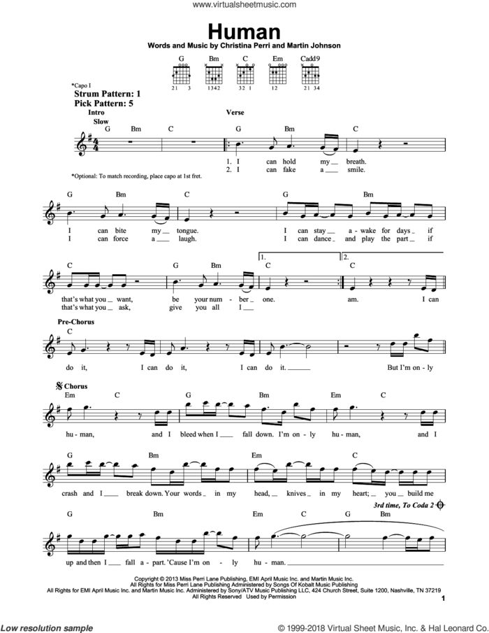 Human sheet music for guitar solo (chords) by Christina Perri and Martin Johnson, easy guitar (chords)