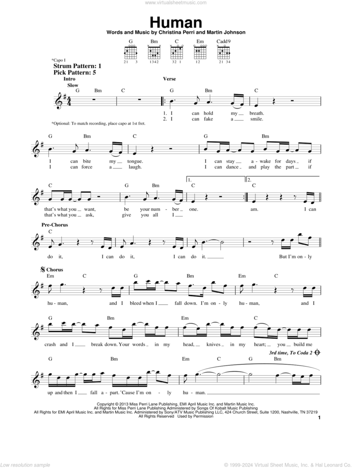 Human sheet music for guitar solo (chords) by Christina Perri and Martin Johnson, easy guitar (chords)