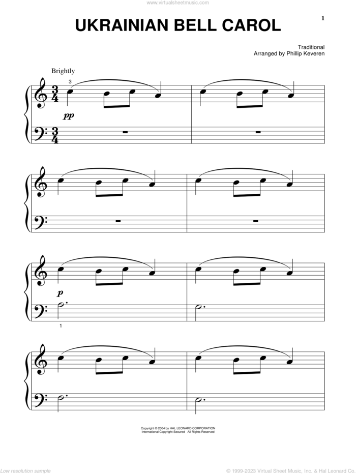 Ukrainian Bell Carol (arr. Phillip Keveren), (beginner) sheet music for piano solo by Phillip Keveren and Miscellaneous, beginner skill level
