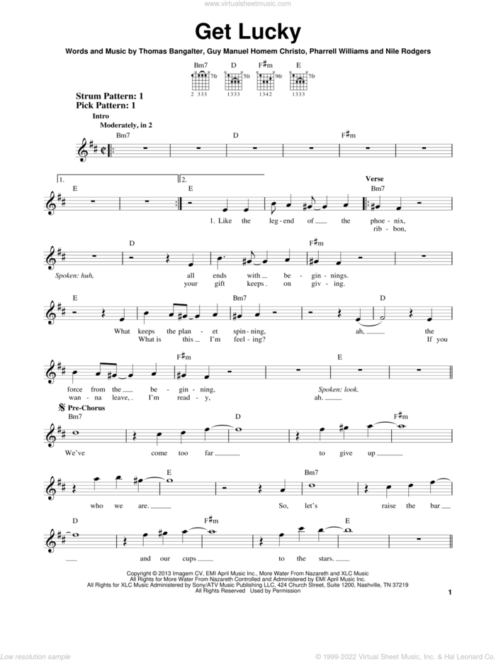 Get Lucky sheet music for guitar solo (chords) by Daft Punk Featuring Pharrell Williams, Guy Manuel Homem Christo, Nile Rodgers, Pharrell Williams and Thomas Bangalter, easy guitar (chords)