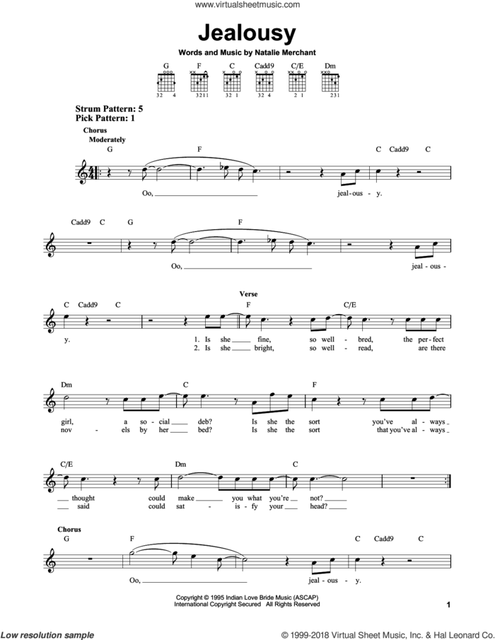 Jealousy sheet music for guitar solo (chords) by Natalie Merchant, easy guitar (chords)