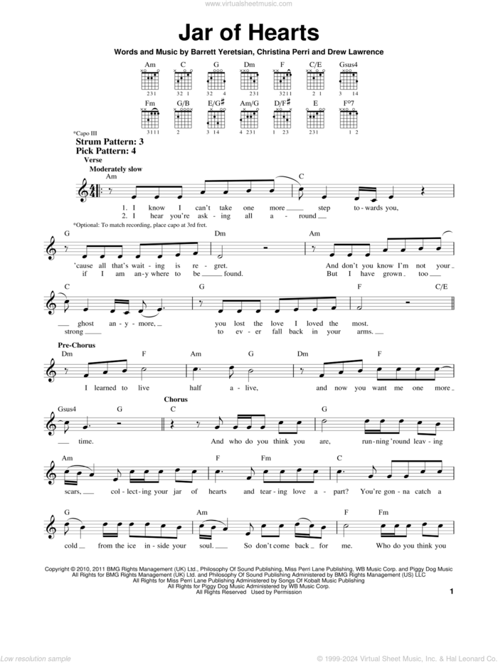 Jar Of Hearts sheet music for guitar solo (chords) by Christina Perri, Barrett Yeretsian and Drew Lawrence, easy guitar (chords)