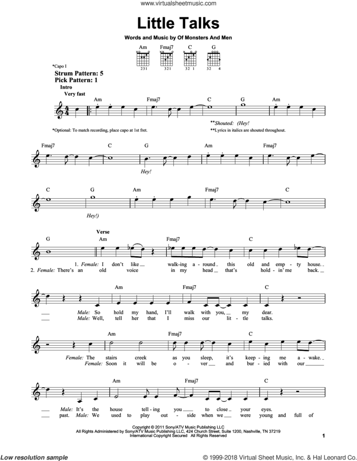 Little Talks sheet music for guitar solo (chords) by Of Monsters And Men, Nanna Bryndis Hilmarsdottir and Ragnar Thorhallsson, easy guitar (chords)