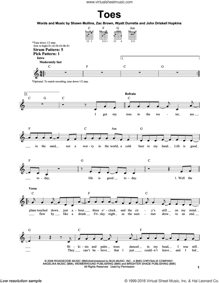 Toes sheet music for guitar solo (chords) by Zac Brown Band, John Driskell Hopkins, Shawn Mullins and Wyatt Durrette, easy guitar (chords)