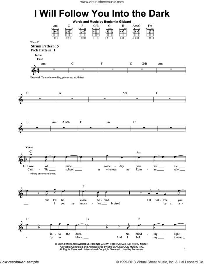I Will Follow You Into The Dark sheet music for guitar solo (chords) by Death Cab For Cutie and Benjamin Gibbard, easy guitar (chords)