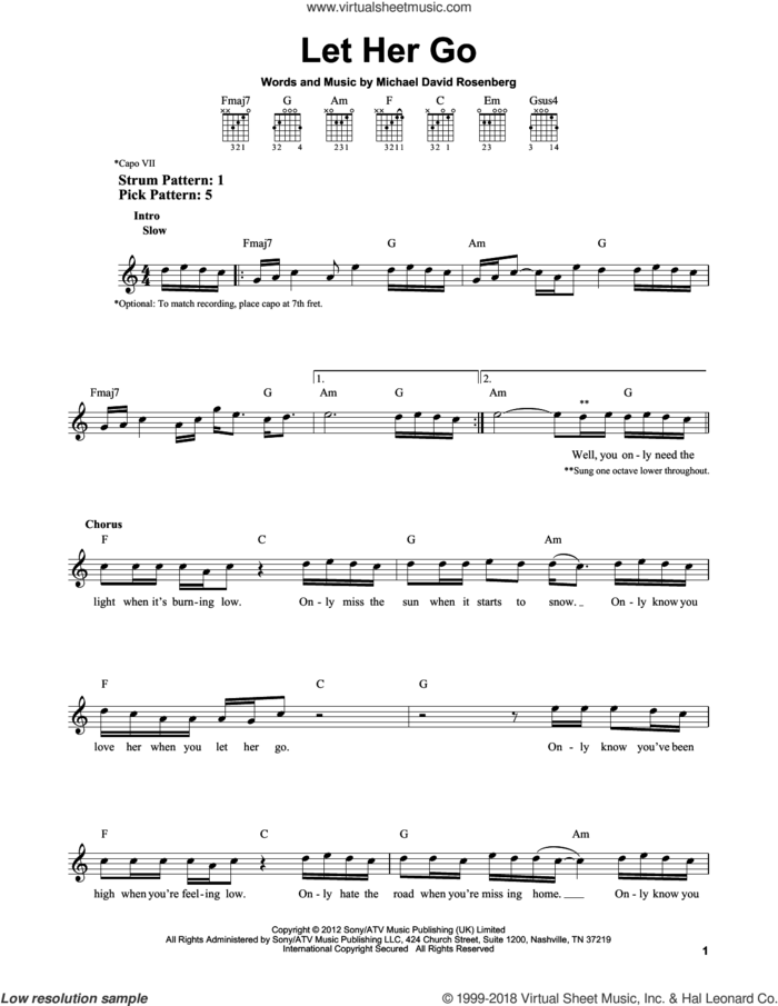 Let Her Go sheet music for guitar solo (chords) by Passenger and Michael David Rosenberg, easy guitar (chords)