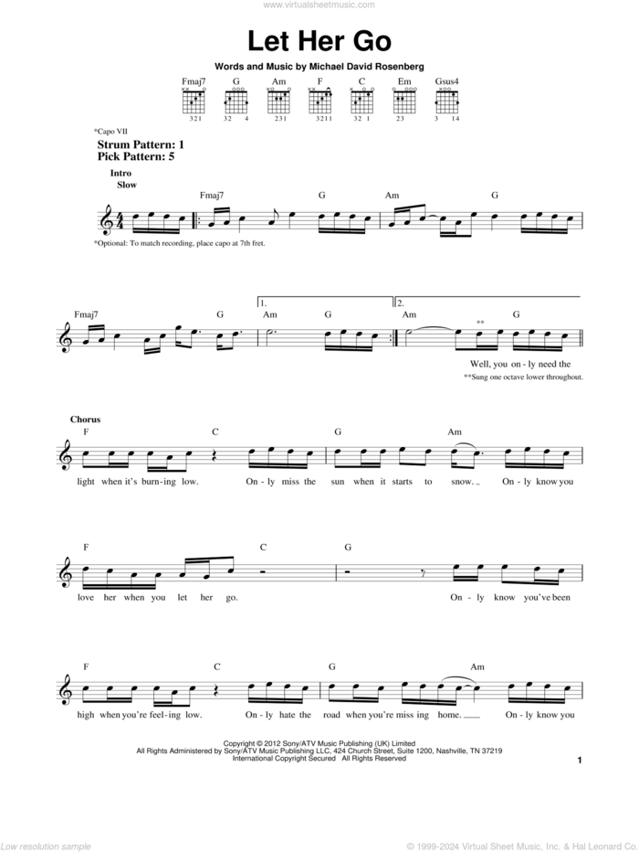 Let Her Go sheet music for guitar solo (chords) by Passenger and Michael David Rosenberg, easy guitar (chords)