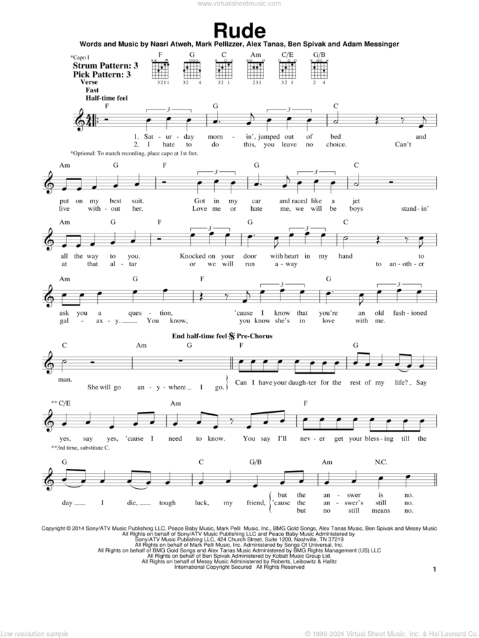 Rude sheet music for guitar solo (chords) by MAGIC!, Adam Messinger, Alex Tanas, Ben Spivak, Mark Pellizzer and Nasri Atweh, easy guitar (chords)