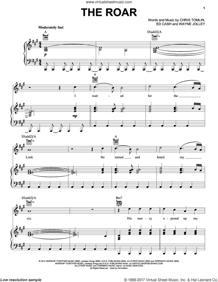 The Roar sheet music for voice, piano or guitar by Chris Tomlin, Ed Cash and Wayne Jolley, intermediate skill level