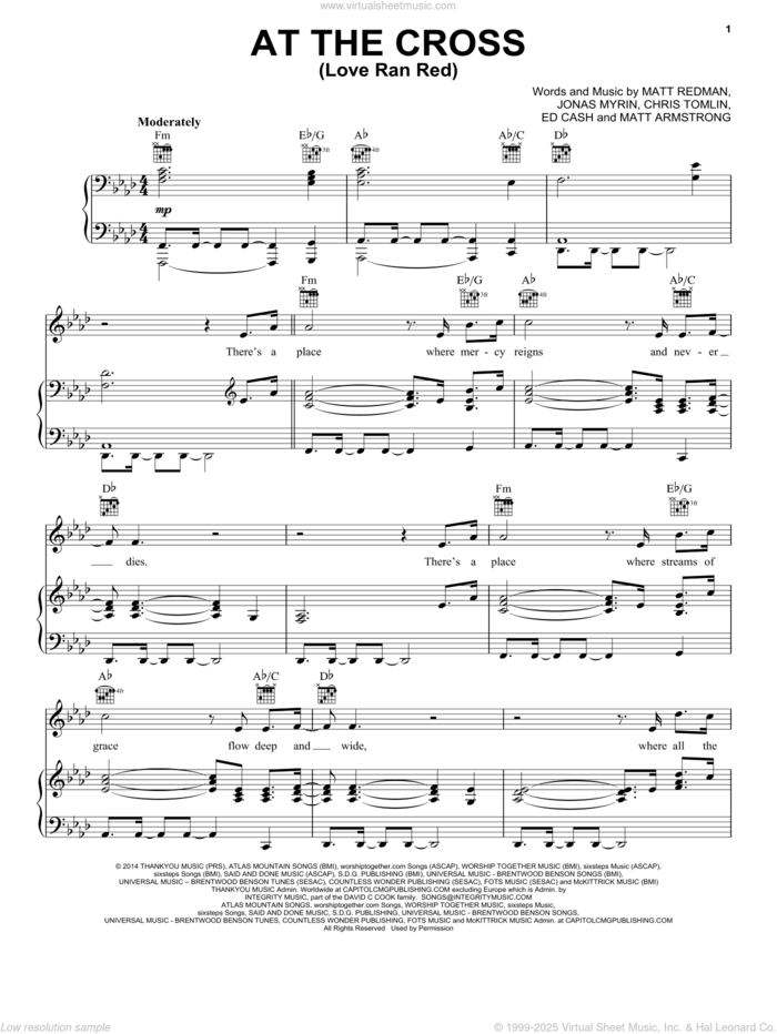 At The Cross (Love Ran Red) sheet music for voice, piano or guitar by Chris Tomlin, Ed Cash, Jonas Myrin, Matt Armstrong and Matt Redman, intermediate skill level