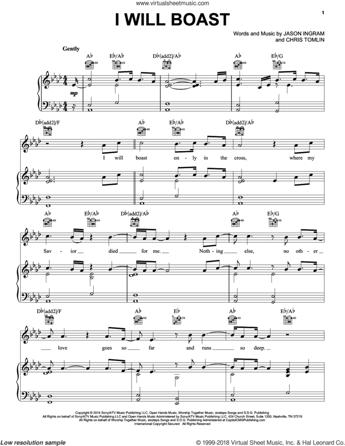 I Will Boast sheet music for voice, piano or guitar by Chris Tomlin and Jason Ingram, intermediate skill level