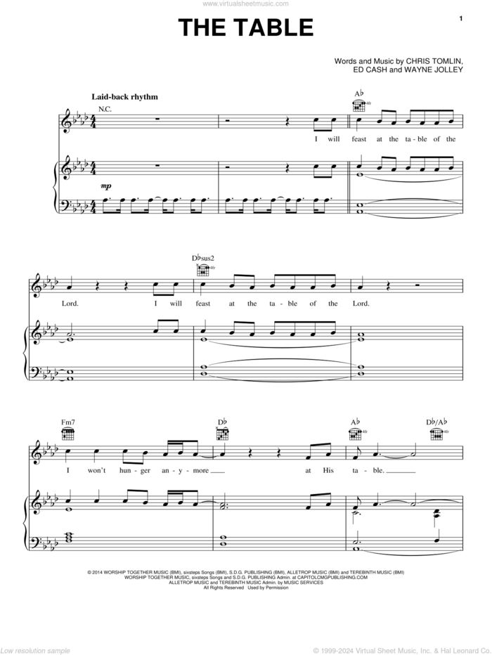 The Table sheet music for voice, piano or guitar by Chris Tomlin, Ed Cash and Wayne Jolley, intermediate skill level