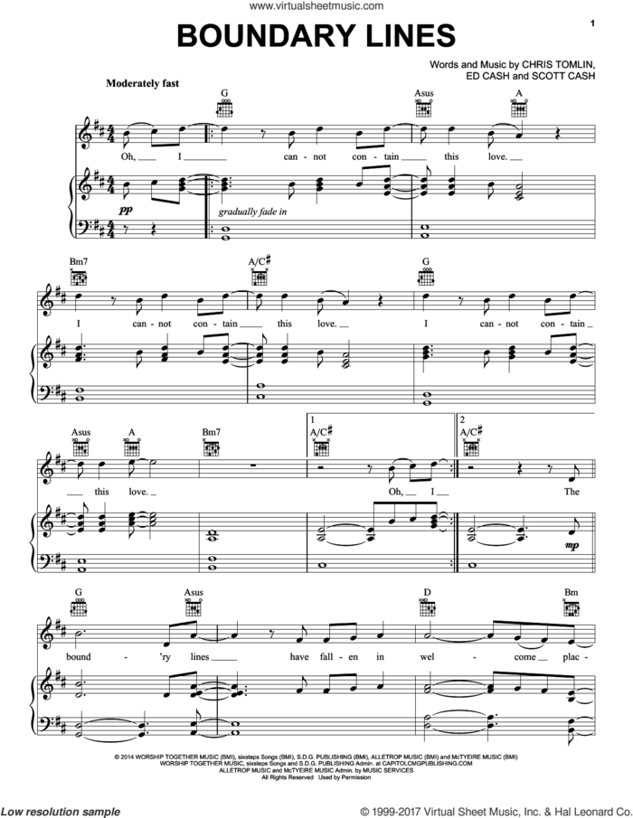 Boundary Lines sheet music for voice, piano or guitar by Chris Tomlin, Ed Cash and Scott Cash, intermediate skill level