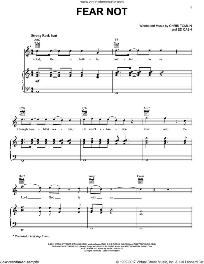 Fear Not sheet music for voice, piano or guitar by Chris Tomlin and Ed Cash, intermediate skill level