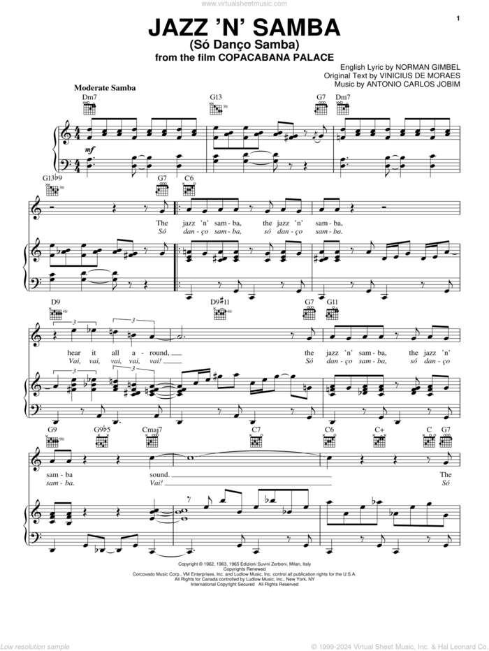 Jazz 'N' Samba sheet music for voice, piano or guitar by Antonio Carlos Jobim, Norman Gimbel and Vinicius de Moraes, intermediate skill level