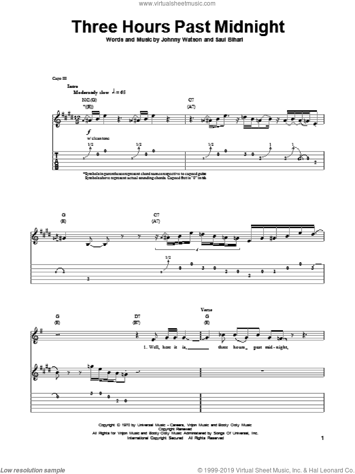 Three Hours Past Midnight sheet music for guitar (tablature, play-along) by Johnny Watson, Johnny 'Guitar' Watson and Saul Bihari, intermediate skill level