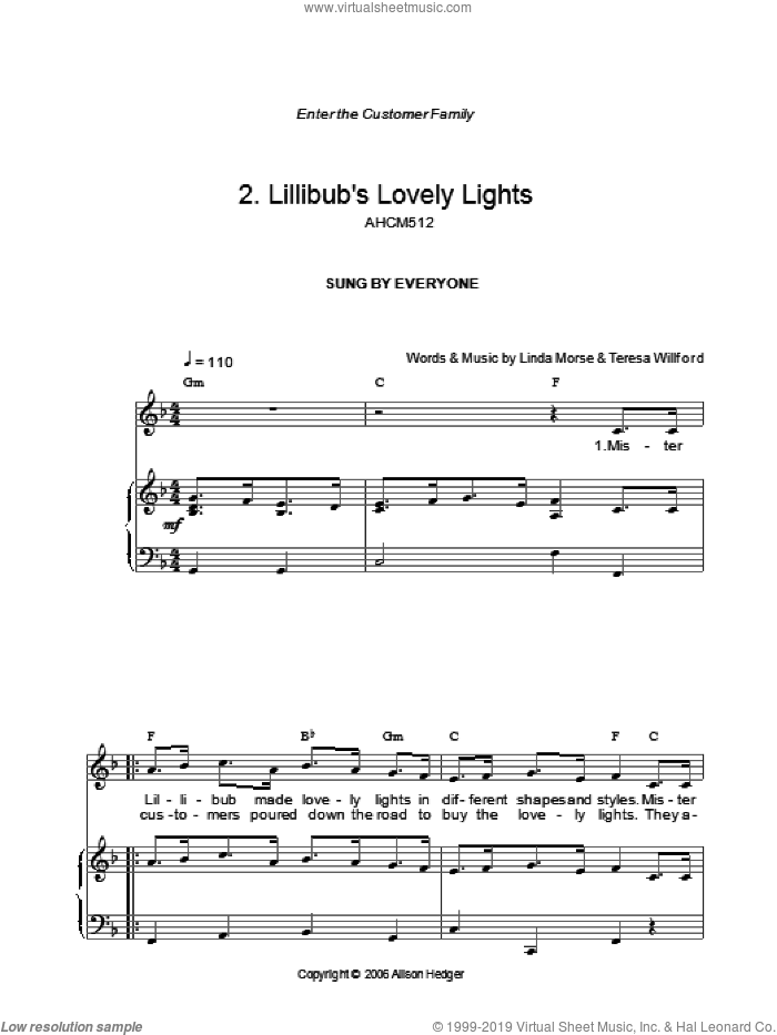 Lillibub's Lovely Lights (from Mister Lillibub's Lovely Light Bulbs) sheet music for voice, piano or guitar by Alison Hedger, Linda Morse and Teresa Willford, intermediate skill level