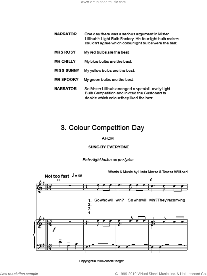 Colour Competition Day (from Mister Lillibub's Lovely Light Bulbs) sheet music for voice, piano or guitar by Alison Hedger, Linda Morse and Teresa Willford, intermediate skill level