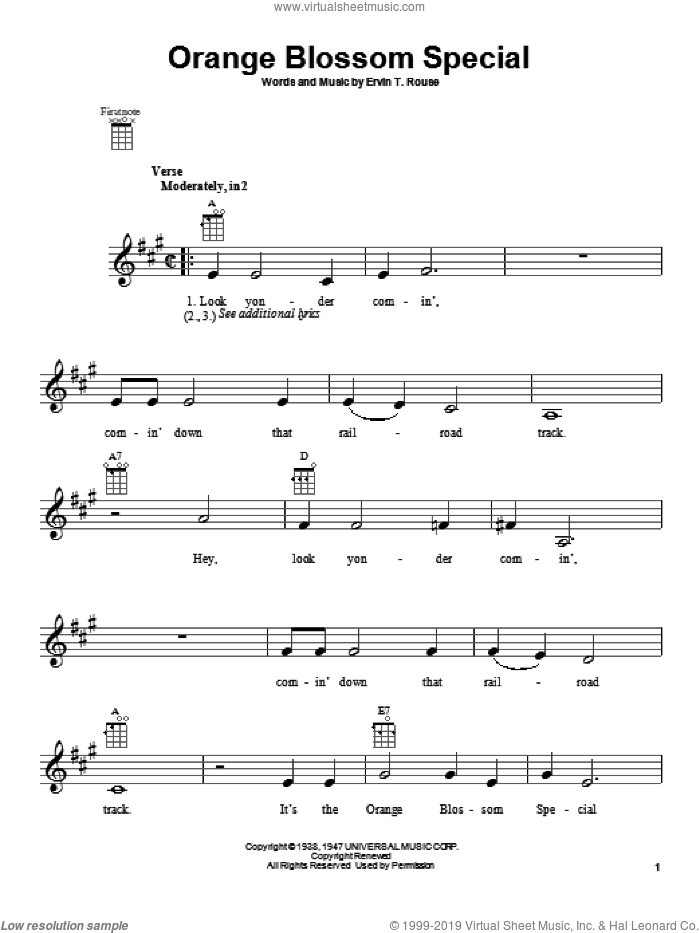 Orange Blossom Special sheet music for ukulele by Johnny Cash, Billy Vaughn and his Orchestra and Ervin T. Rouse, intermediate skill level