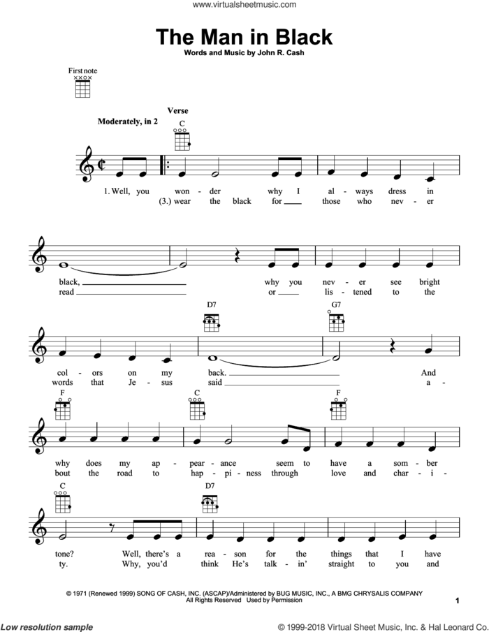 The Man In Black sheet music for ukulele by Johnny Cash, intermediate skill level