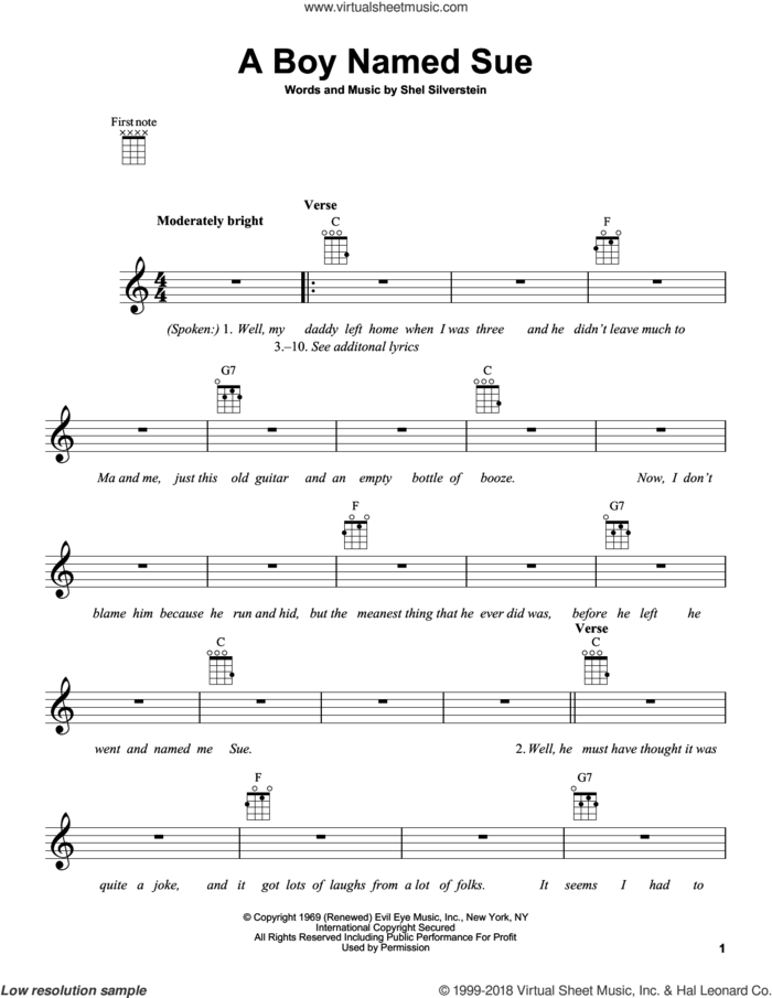 A Boy Named Sue sheet music for ukulele by Johnny Cash and Shel Silverstein, intermediate skill level