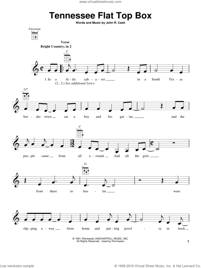 Tennessee Flat Top Box sheet music for ukulele by Johnny Cash and Rosanne Cash, intermediate skill level