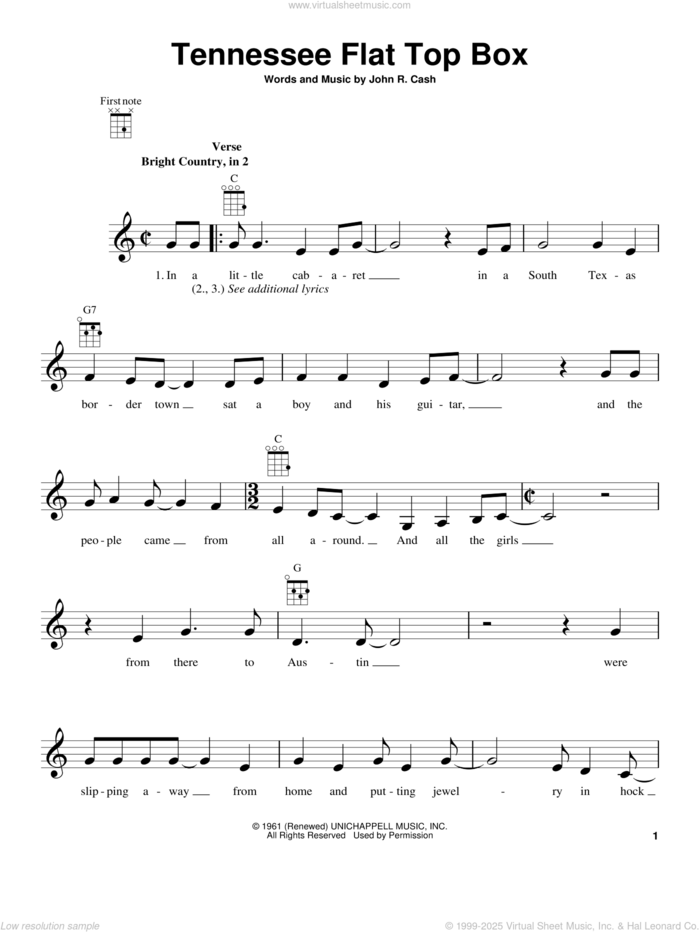 Tennessee Flat Top Box sheet music for ukulele by Johnny Cash and Rosanne Cash, intermediate skill level