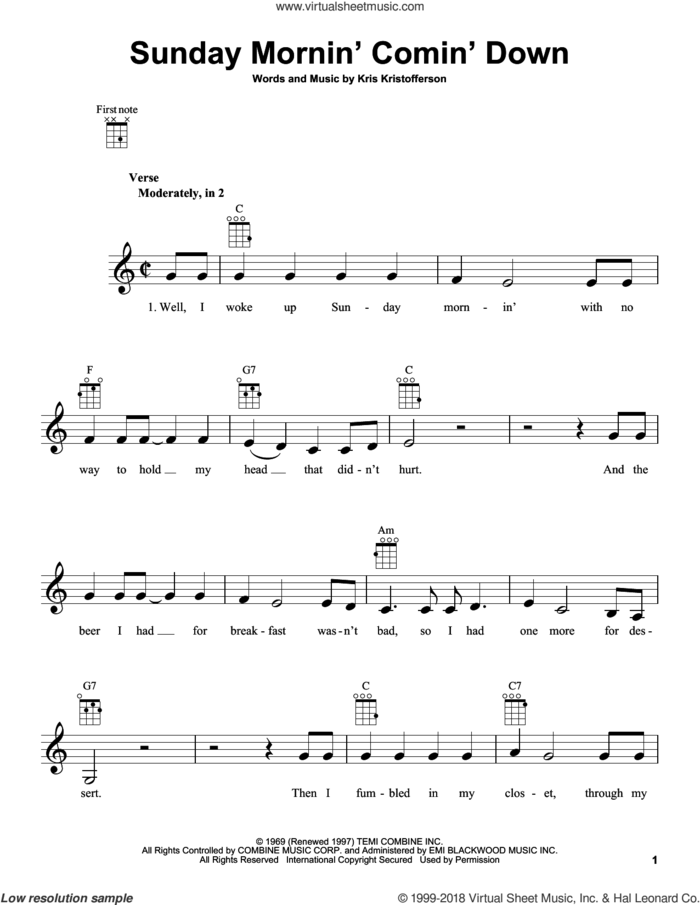Sunday Mornin' Comin' Down sheet music for ukulele by Johnny Cash and Kris Kristofferson, intermediate skill level