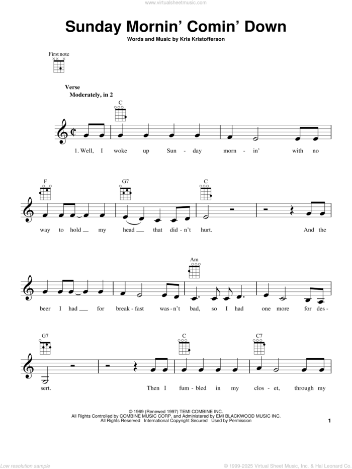 Sunday Mornin' Comin' Down sheet music for ukulele by Johnny Cash and Kris Kristofferson, intermediate skill level