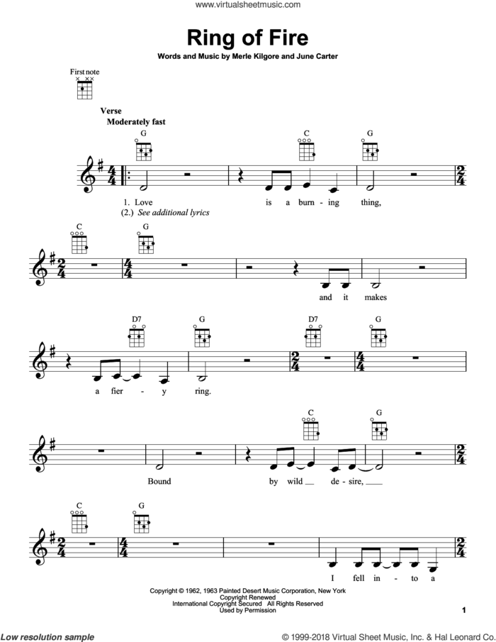 Ring Of Fire sheet music for ukulele by Johnny Cash, Alan Jackson, June Carter and Merle Kilgore, intermediate skill level