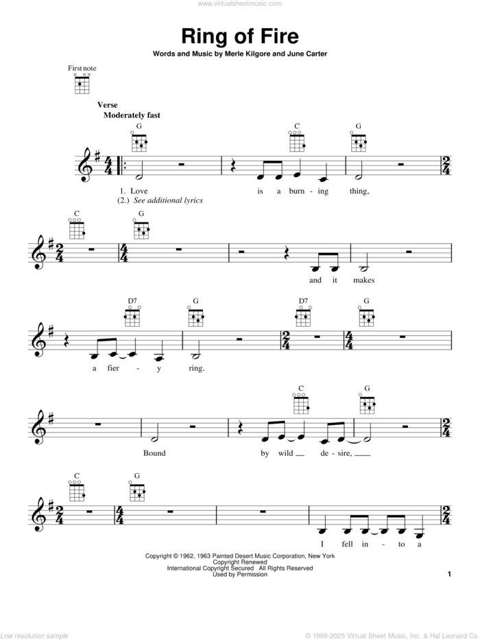 Ring Of Fire sheet music for ukulele by Johnny Cash, Alan Jackson, June Carter and Merle Kilgore, intermediate skill level