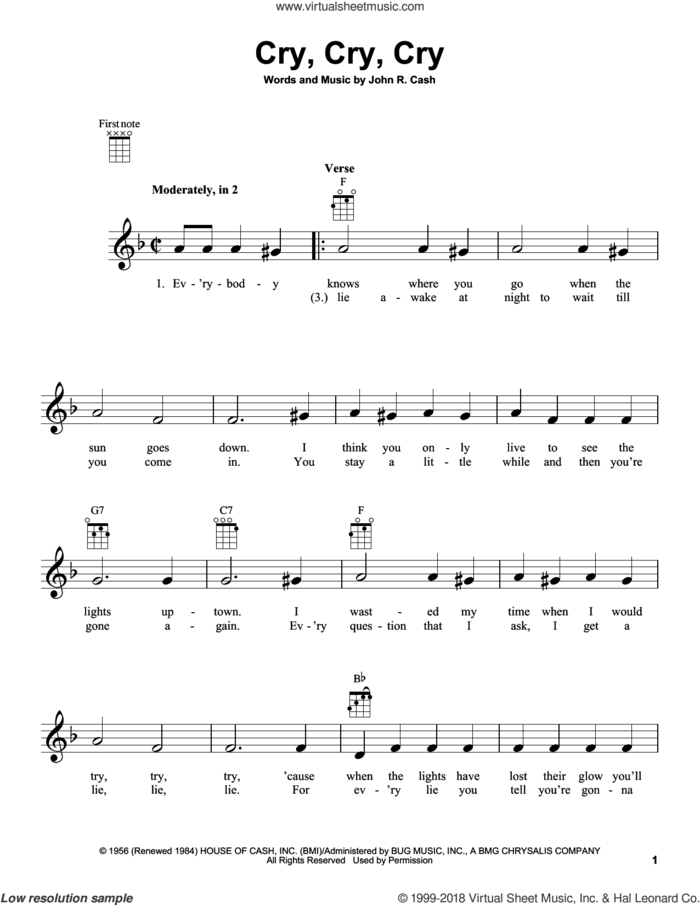 Cry, Cry, Cry sheet music for ukulele by Johnny Cash, intermediate skill level