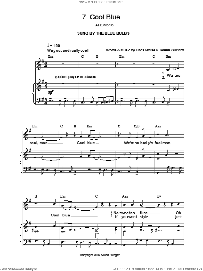 Cool Blue (from Mister Lillibub's Lovely Light Bulbs) sheet music for voice, piano or guitar by Alison Hedger, Linda Morse and Teresa Willford, intermediate skill level