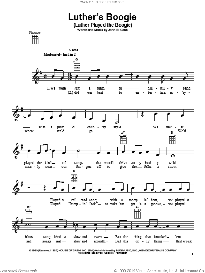 Luther's Boogie (Luther Played The Boogie) sheet music for ukulele by Johnny Cash, intermediate skill level